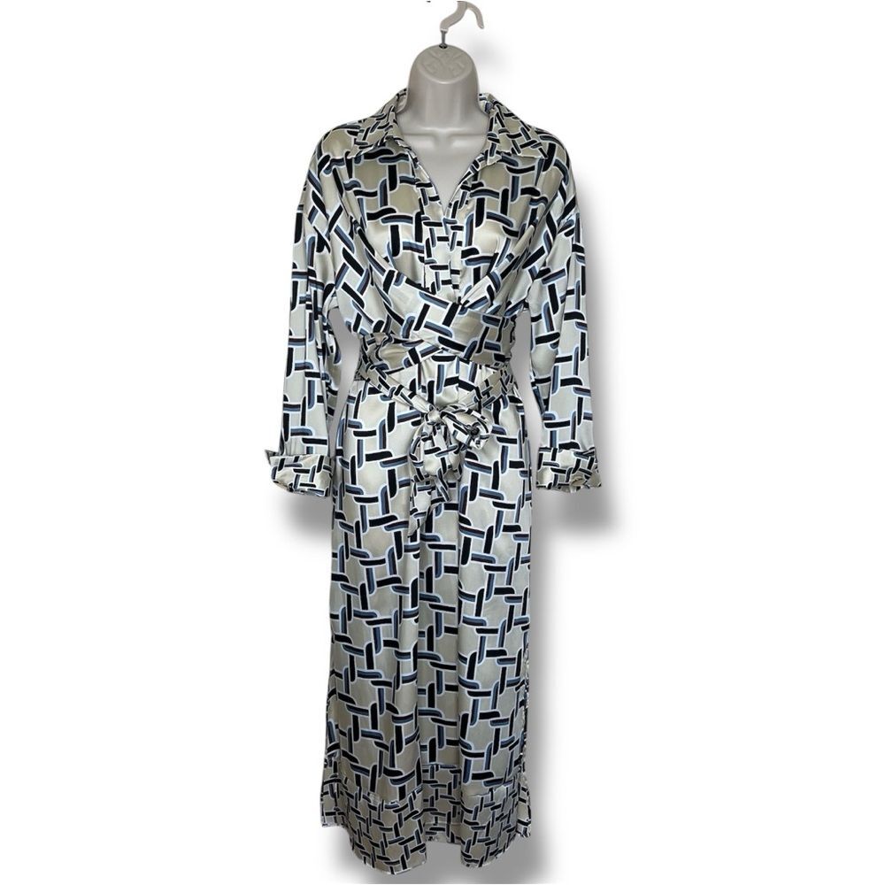 NWT Zara Geometric Chain Print Tie Wrap Midi Dress Medium Collared Deep V Satin